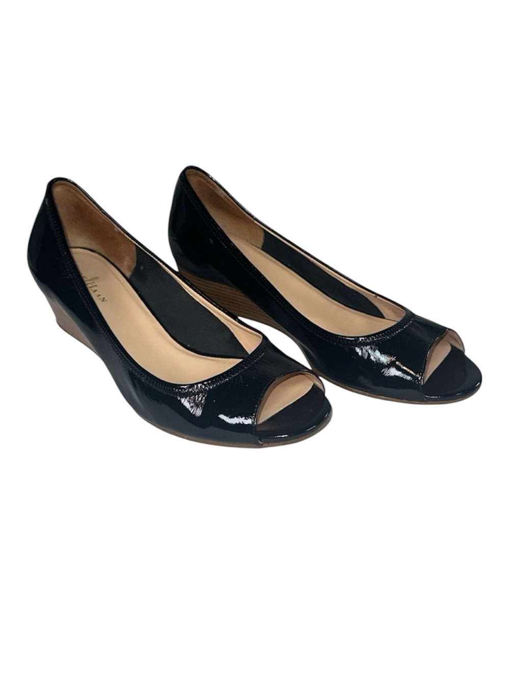 Cole Haan Air Tallot Wedge 40 Black Patent Peep Toe Heel Pumps Size 7.5